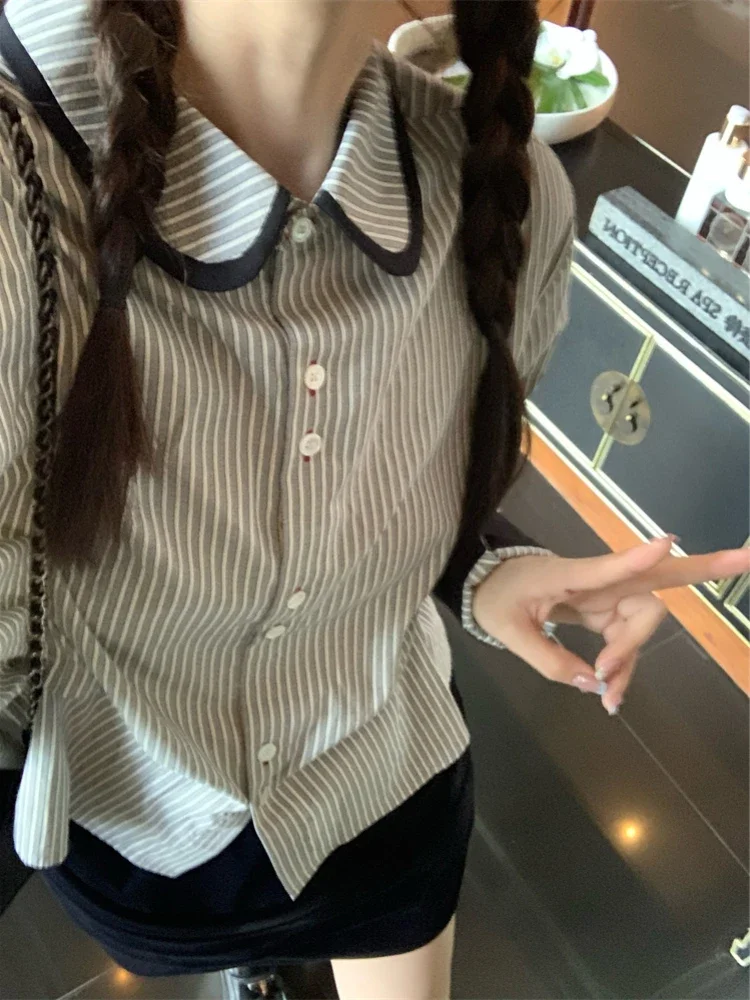 

Корейская весна и осень, новая корейская текстура, студенческий стиль, красочный кукольный воротник, полосатая талия, тонкая рубашка с длинными рукавами, блузка