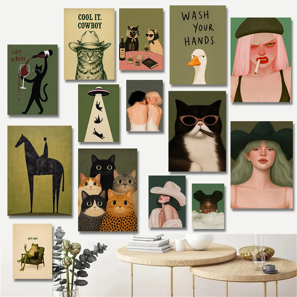 Fashion Frog Cowboy Girl Cat Smoking UFO Illustration  Minimalist Horse Equestrian Poster Canvas Painting Print Room Home Decor