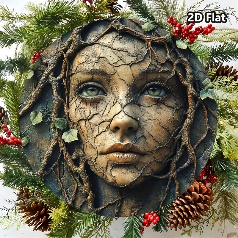 2D Flat Single Retro, with Female Facial Patterns on The Trees,Round Metal Sign, Garland, Wall Hanging Plaque, Home And Garden