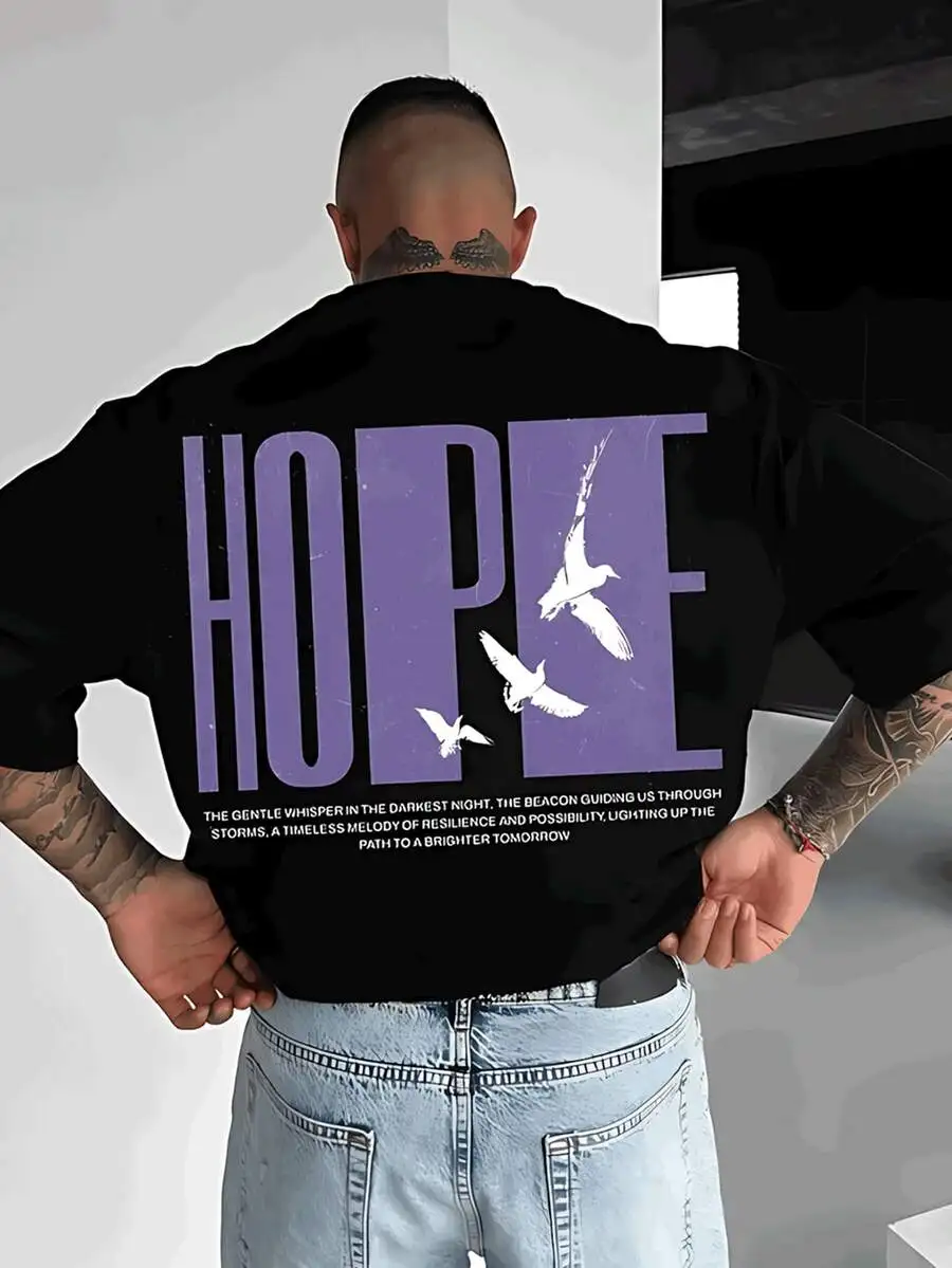 

Purple Letter Print Cotton Tee Men Short Sleeve Casual Street Style T-Shirt