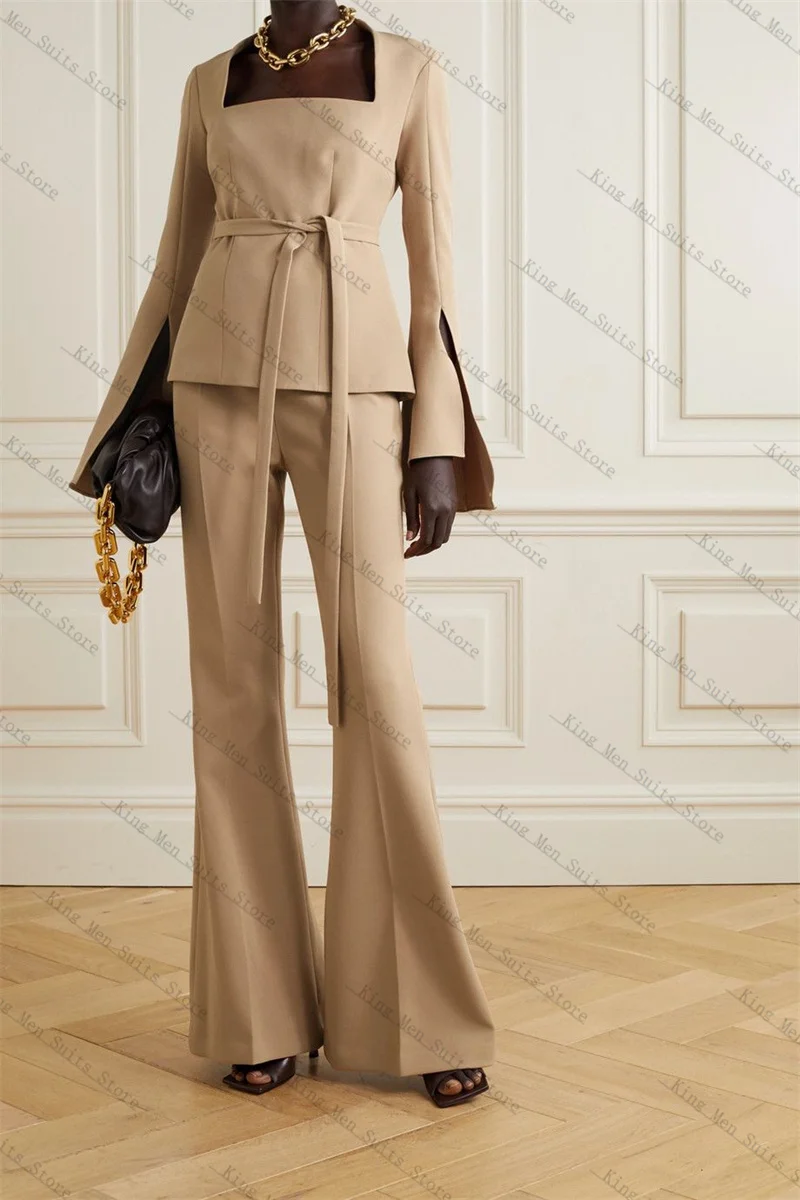 

Khaki Women Suits Set 2 Piece Belted Blazer+Flare Pants Trousers Square Neck Customized Office Lady Jacket Wedding Tuxedos Coat
