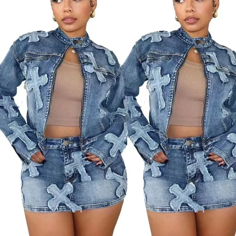 

European and American Women's Autumn Fashion Boutique Denim Jeans Designer Two-piece Skirt and Jacket Set Fashion Personality