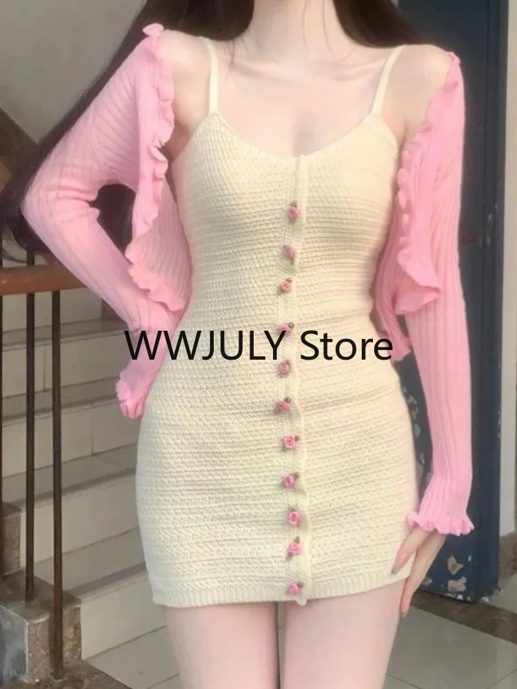 2023 autunno corea moda vestito dolce sottile 2 pezzi Set gonna rosa maglione corto Cardigan aderente cinturino Sexy Mini abito Party Chic