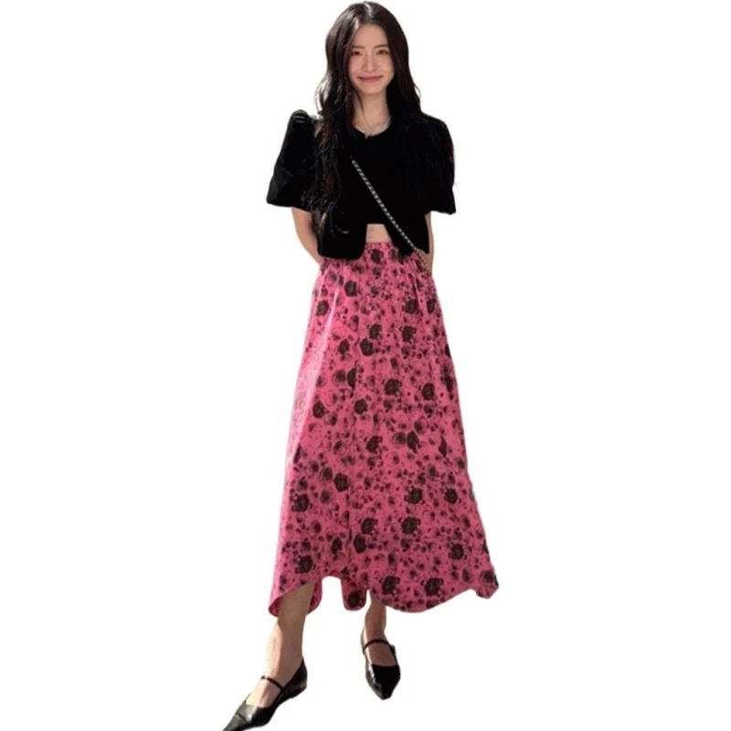 Spring Cotton Fuschia Rose Skirts Fashion Beautiful Floral Print Wavy Edge Sundresses Vintage Female Breathable Casual Vestidos