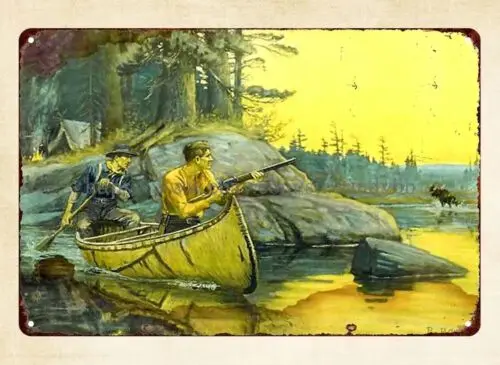 1 pcs,An Even Breakby Philip Goodwin hunters bark canoe moose metal tin sign deco bar