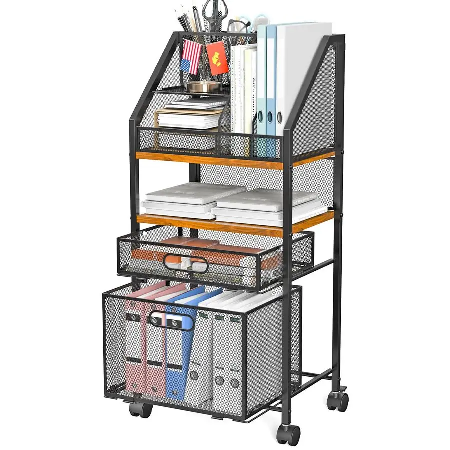 

File Cart with 2 Storage Drawers Multipurpose Book Letter Organizer Carts with Lockable Wheels WoodampMesh Rolling File Organiz
