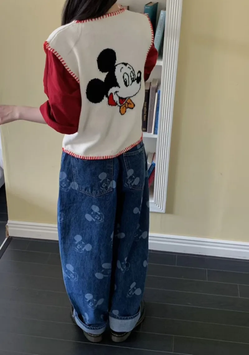 جديد الصناعة الثقيلة الكرتون طباعة كاملة مستقيم الساق الصوف مبطن الجينز فضفاضة تنوعا الحد من العمر الاتجاه للجنسين سراويل جينز #6