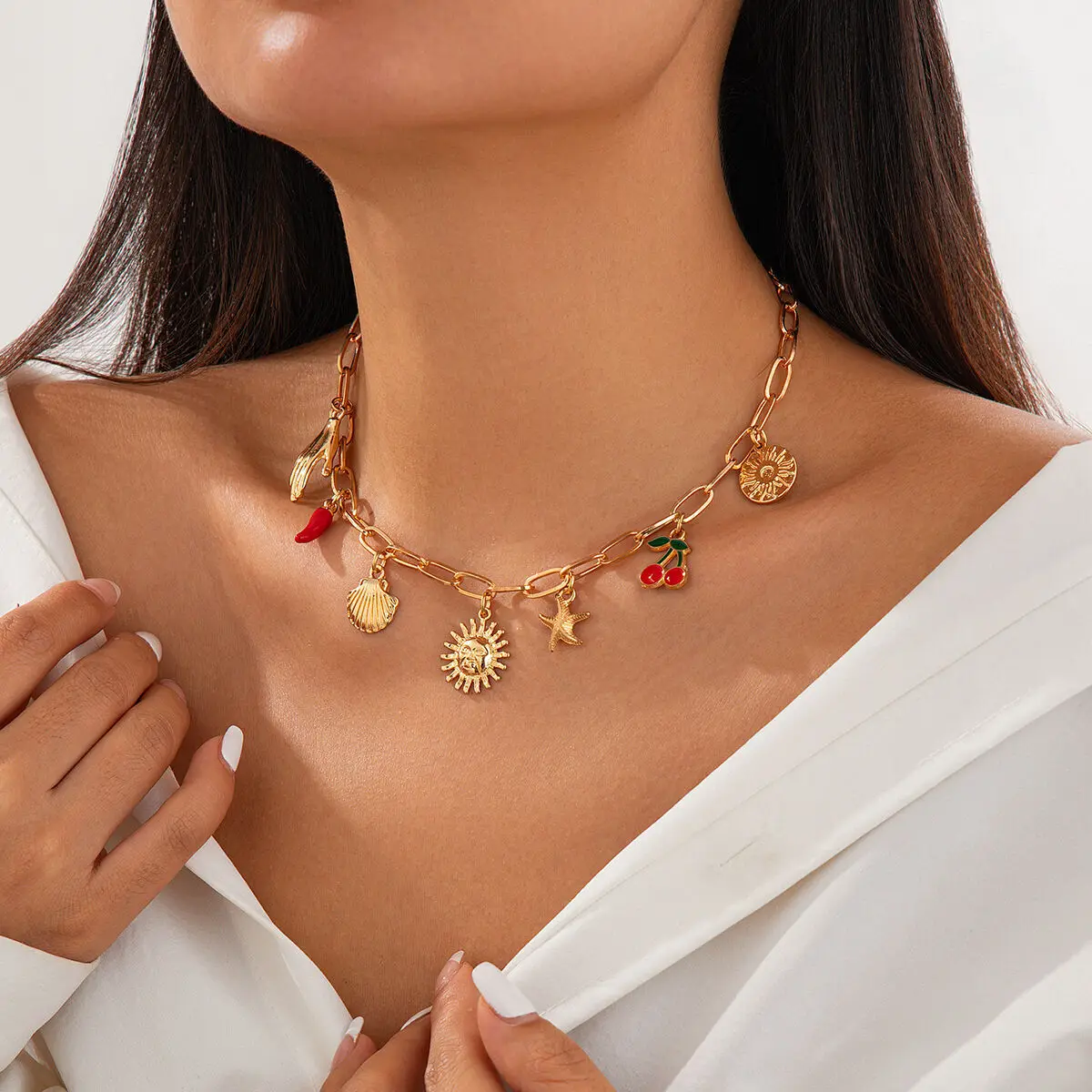 IngeSight.Z Vintage Gold Color Starfish Sun Pendant Choker Necklace Woman Punk Creative Metal Clavicle Chain Ladies Jewelry