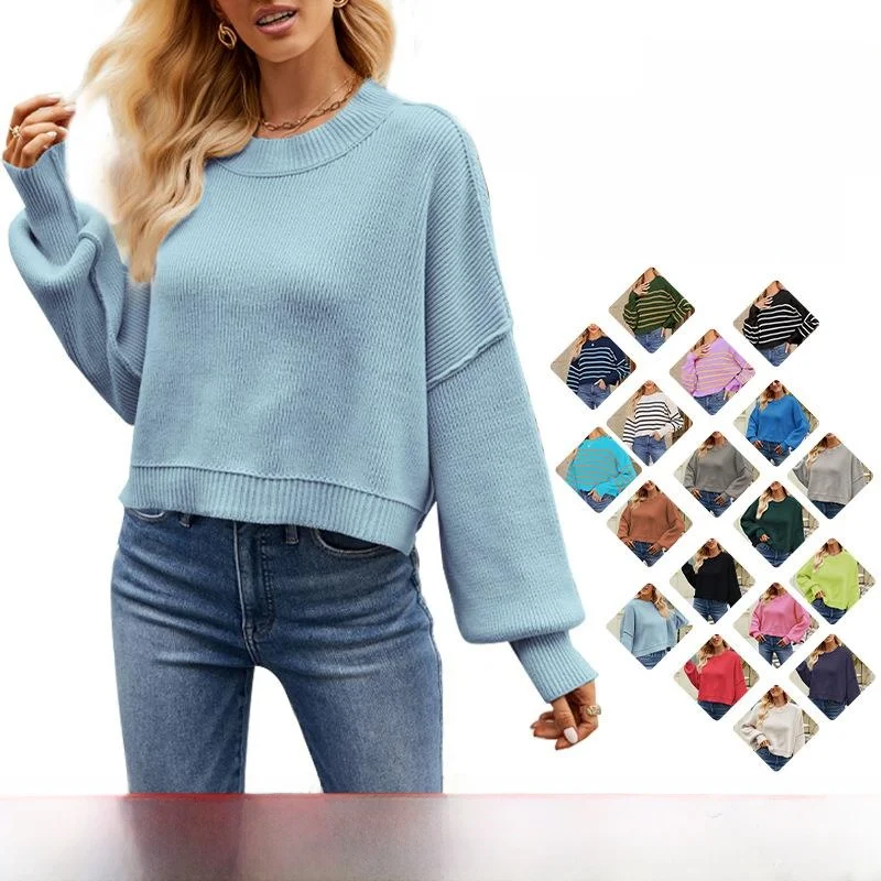 

Ele Color Knitted round Ne Sweater Women's Overhead 2023 Trendy Pure Color Knitwear Long Sve Faionable Top