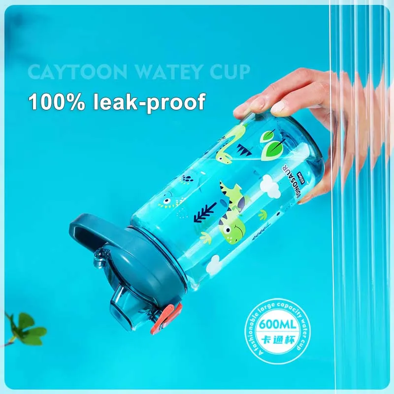 600ml Dinosaur Water Bottle For Kids Water Sippy Cup With Silicone Straw Leakproof Plastic Water Bottles Summer Kids Water Cup