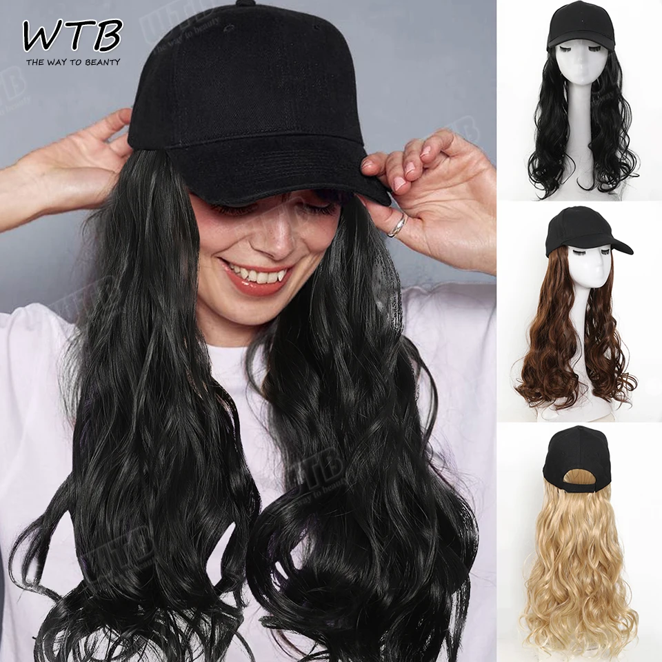 WTB 20Inch Synthetic Long Curly Baseball Cap Hat Wigs Heat Resistrant Natural black Hairpiece for Women