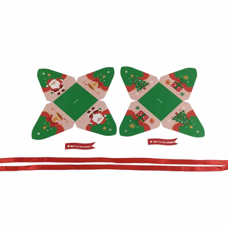 50Pcs Christmas Triangle Paper Candy Gift Box With Tag Ribbons Cookie Snack Chocolate Gift Packaging Box Xmas New Year Supplies