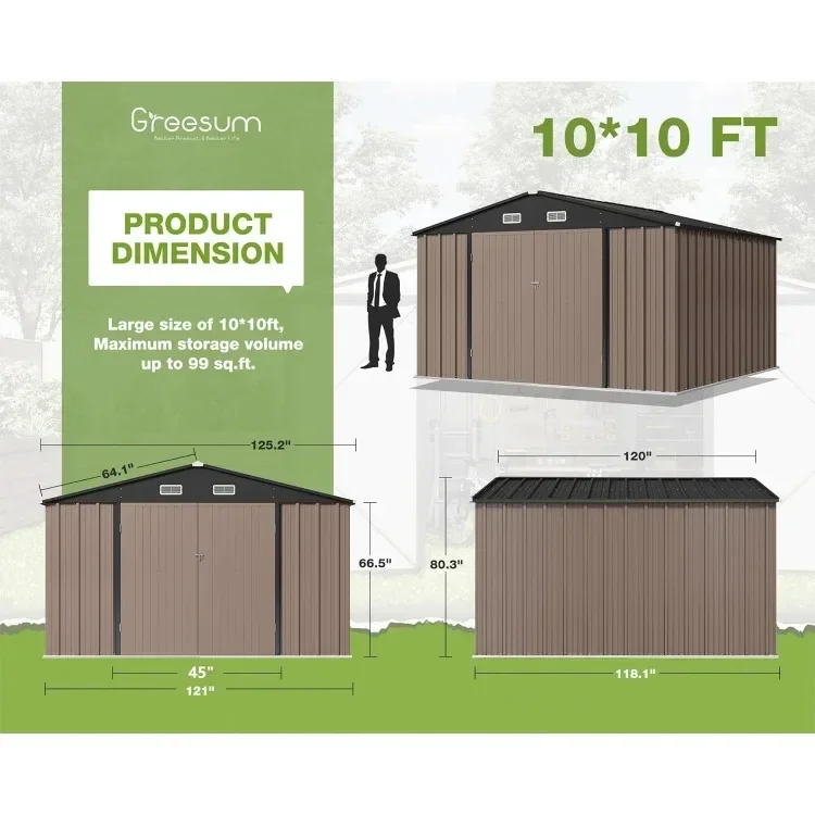 Outdoor Storage Shed 10 x 10 ft. Utility Tool Shed Metal Storage Garden Shed with Door & Lock for Patio Storage, Brown image 4