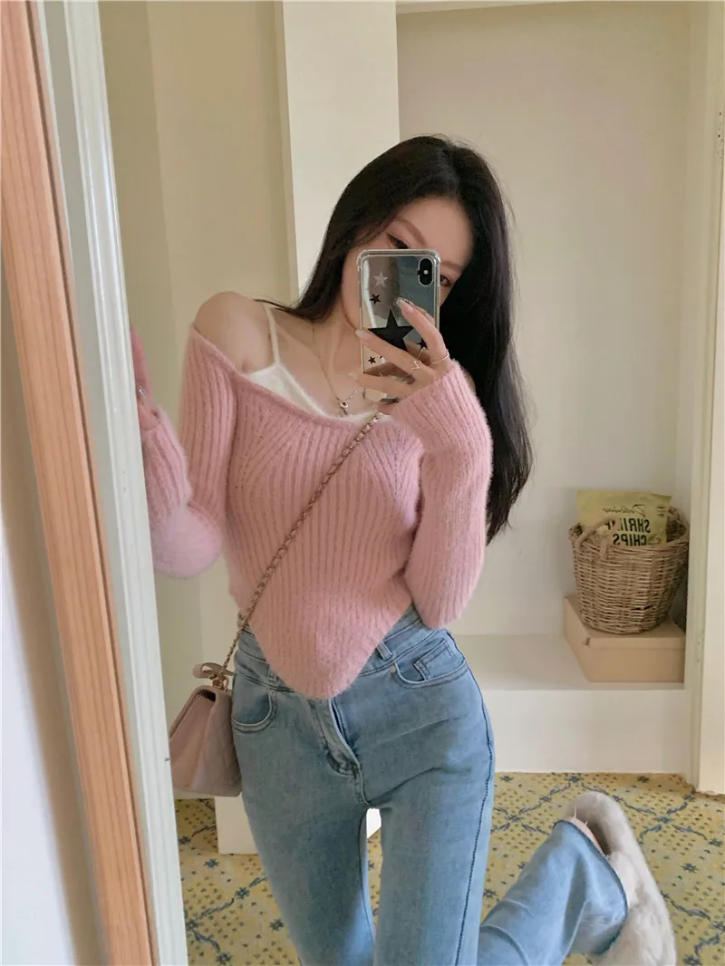 여성용 롱 니트 밍크 벨벳 베이스 슬림핏 스윗 앤 스파이시 걸 퓨어 디자이어 슬레 패치워크 겨울 스웨터 탑