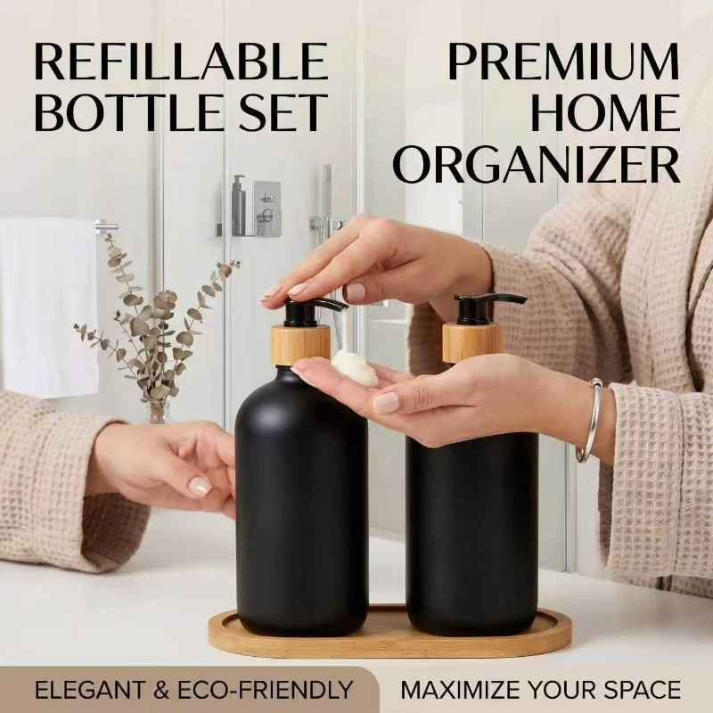 

Refillable Portable Empty Glass Hand Soap Bottle Press Type Dispenser for Shampoo Body Wash Bathroom Use