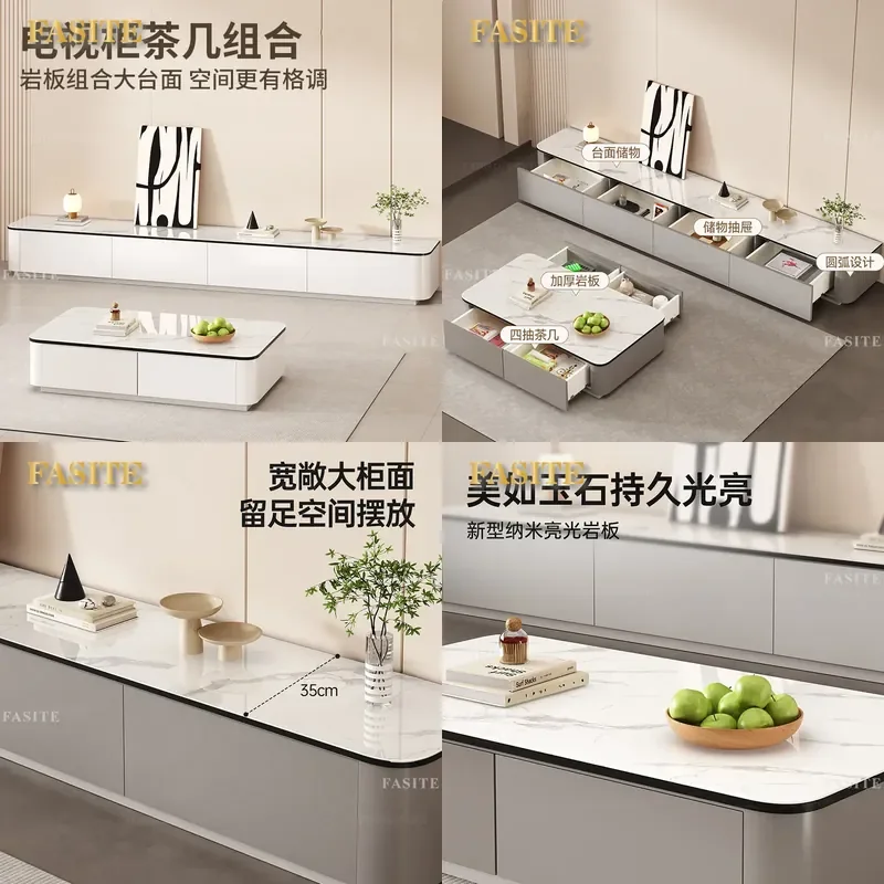 For Solid Wood TV Cabinet Coffee Table Combo Modern Simple Living Room Small Apartment Floor Standing Rock Slab Storage Unit
