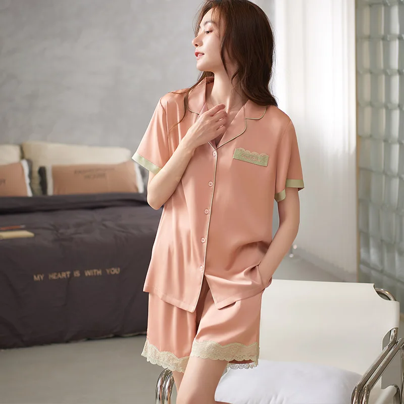 

Summer Silk Satin Pajamas Sets Women Fashion Lace Short Sleeve Lapel Cardigan Sleepwear Suit 2 piece Sexy Home Lounge Gift M-3XL