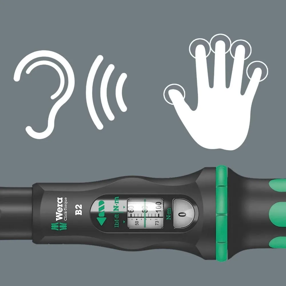 Wera 5075611001 Llave dinamométrica de trinquete reversible Click-Torque B2, accionamiento 3/8, alcance de 20-100 Nm, negro y verde