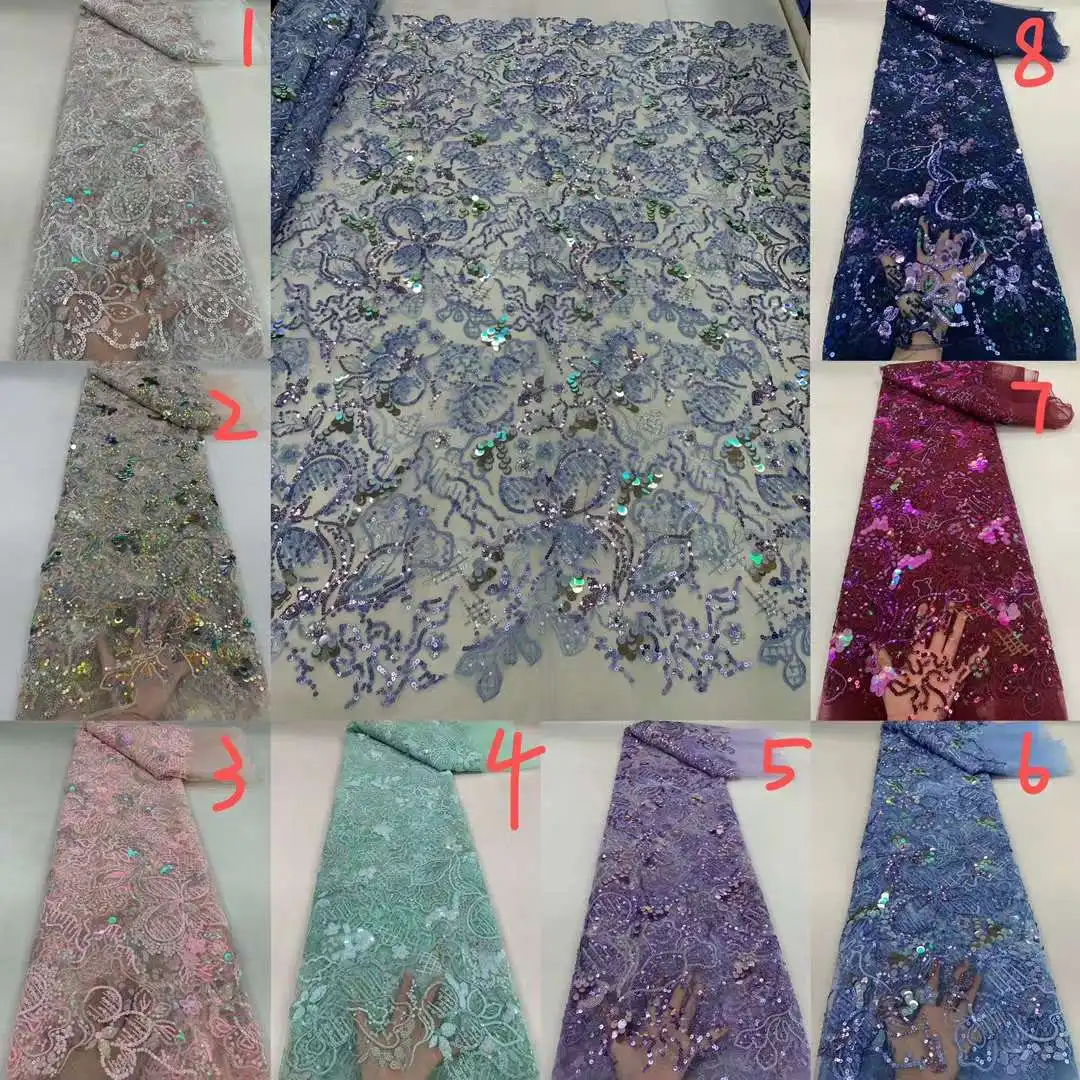 Purple African French Lace Fabric 2024 High Quality New Nigerian Sequins Tulle Lace Fabric For Wedding Party Dress 5 Yards/Lot