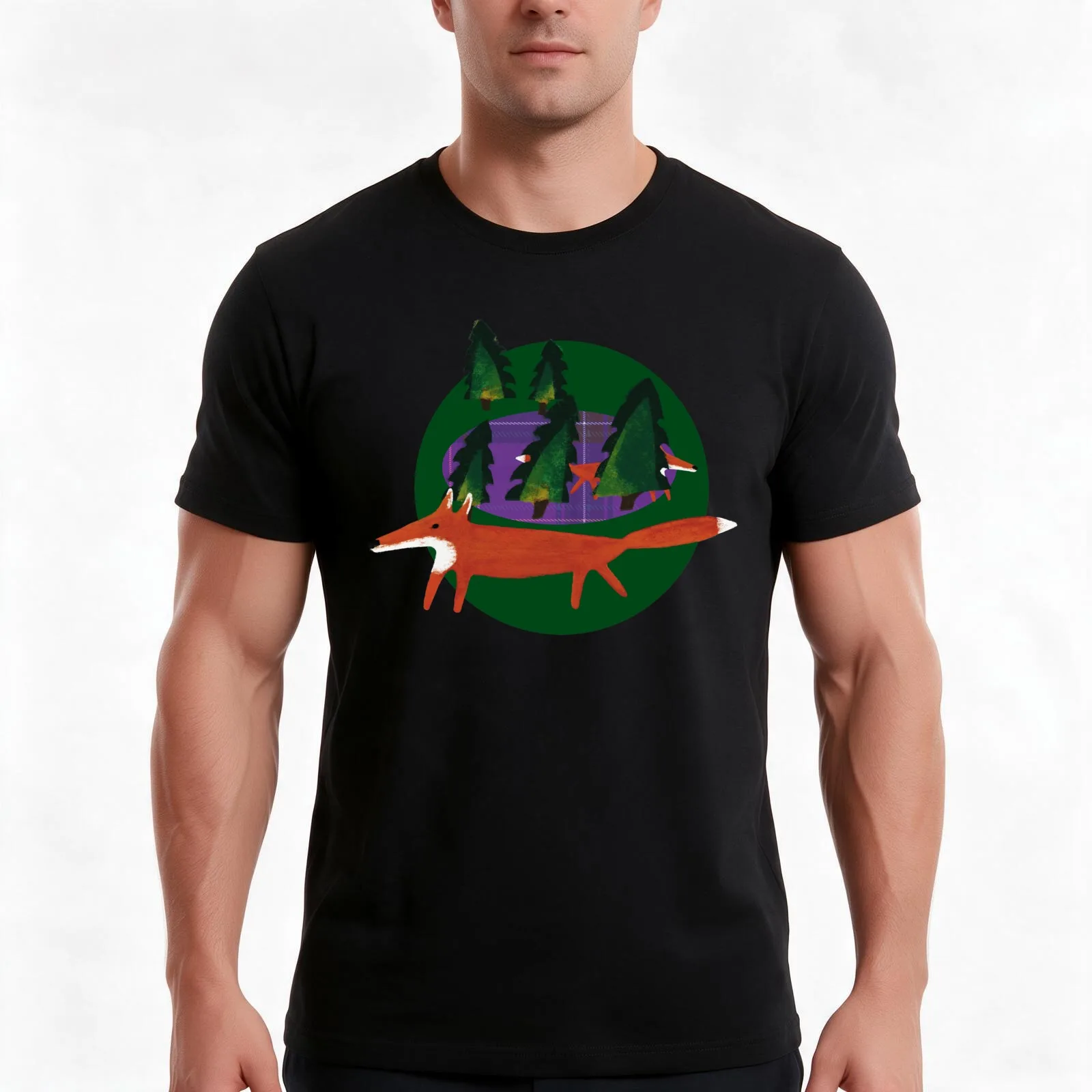 Forest with fox. Green and purple tartan pattern. T-Shirt Summer Casual Cotton Tee Oversized Streetwear Tops Unisex Men Women
