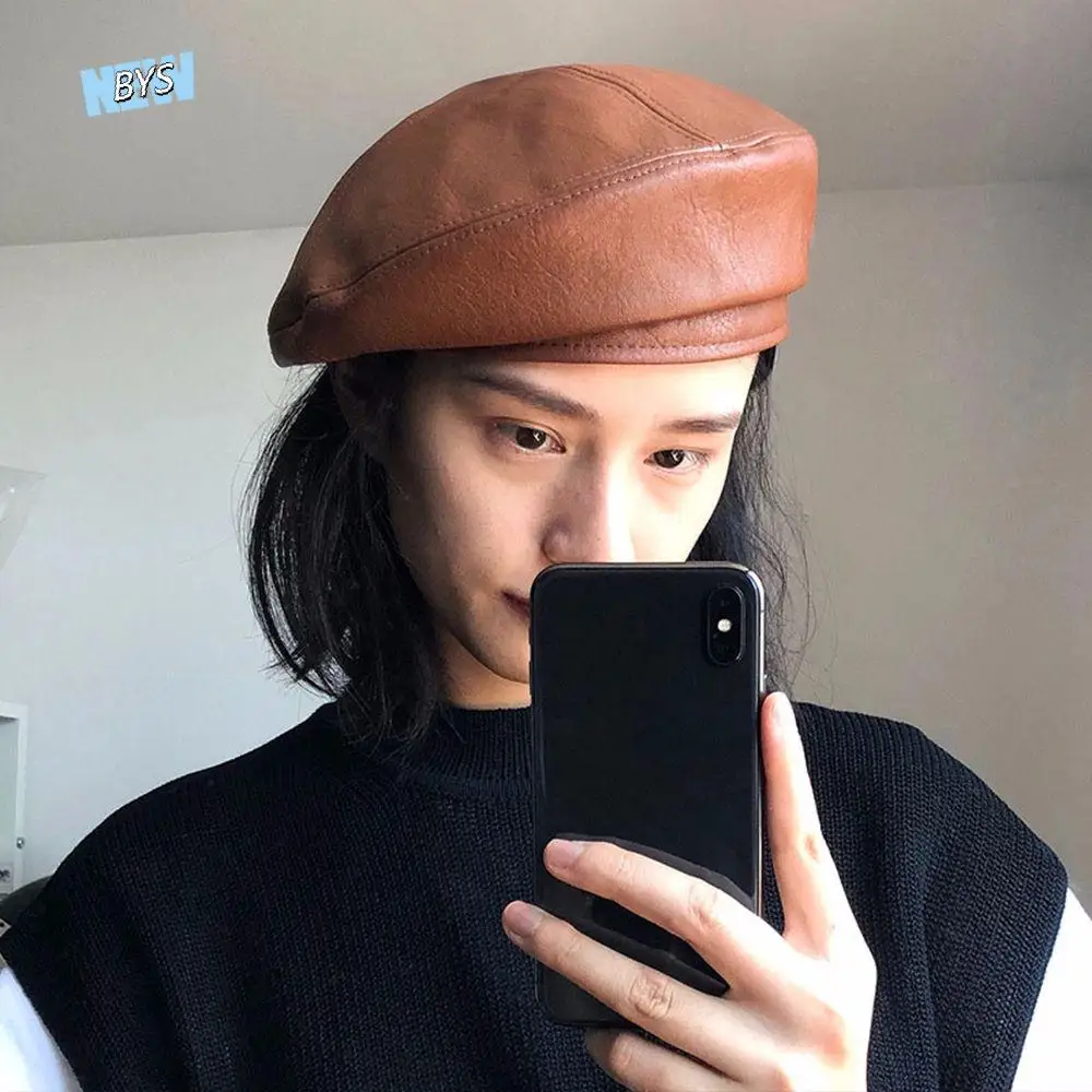 

Retro Simple Girl Autumn Winter British Style Korean Style Hat Women Octagonal Cap PU Leather Berets Painter Hat