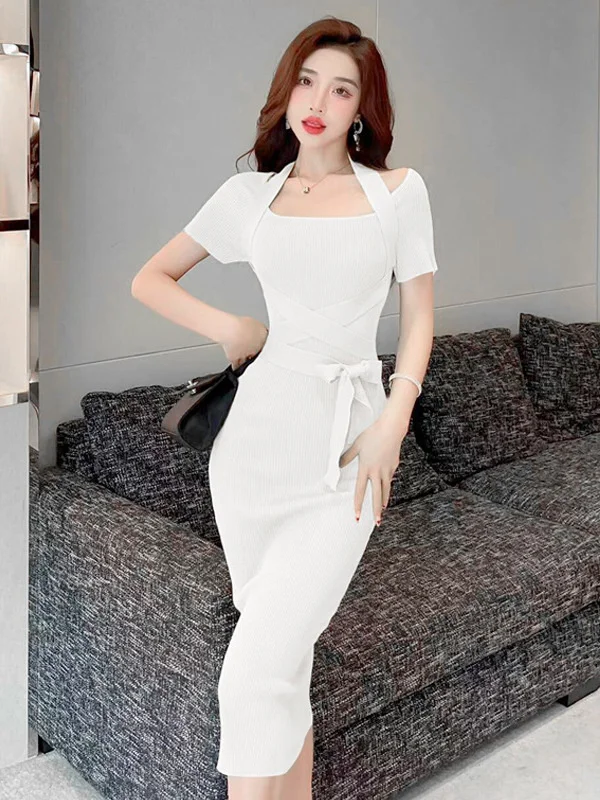 Temptation Elegant Transparent Passion Mature Dress New Sexy Neck Strap Slim Strap Knitted Medium Length Dress Women 3N0Z