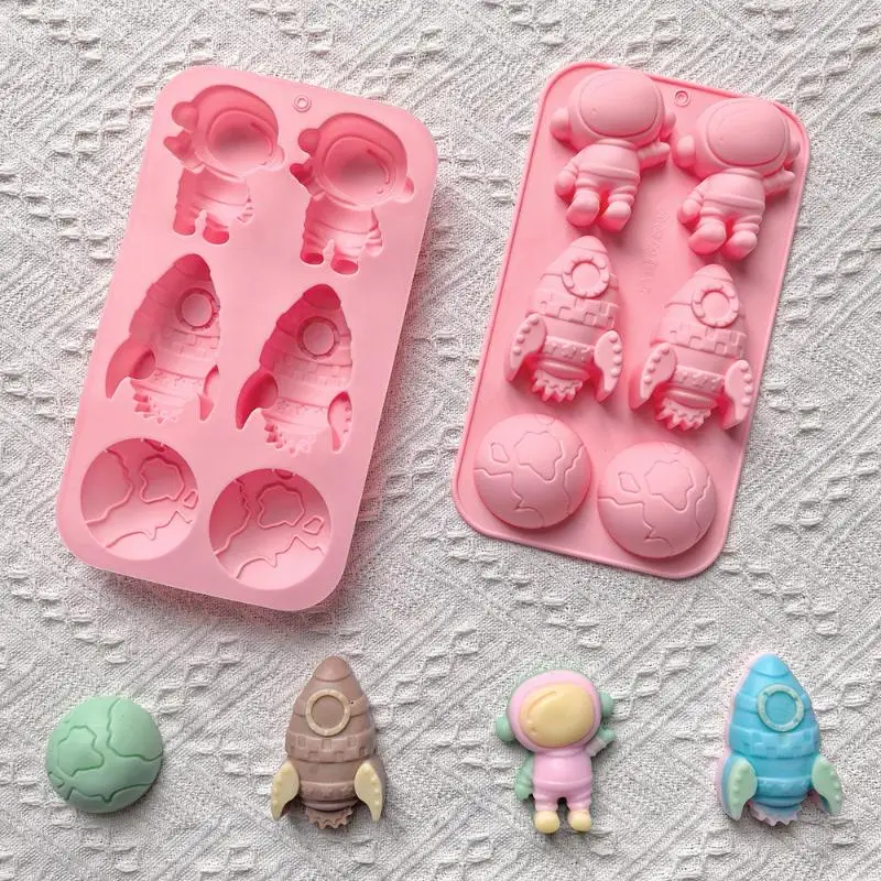 New-1Pc Pink Silicone Cake Mold Space Theme 6-Chamber 3D Astronaut Rocket Earth Candy Cake Decoration Mould
