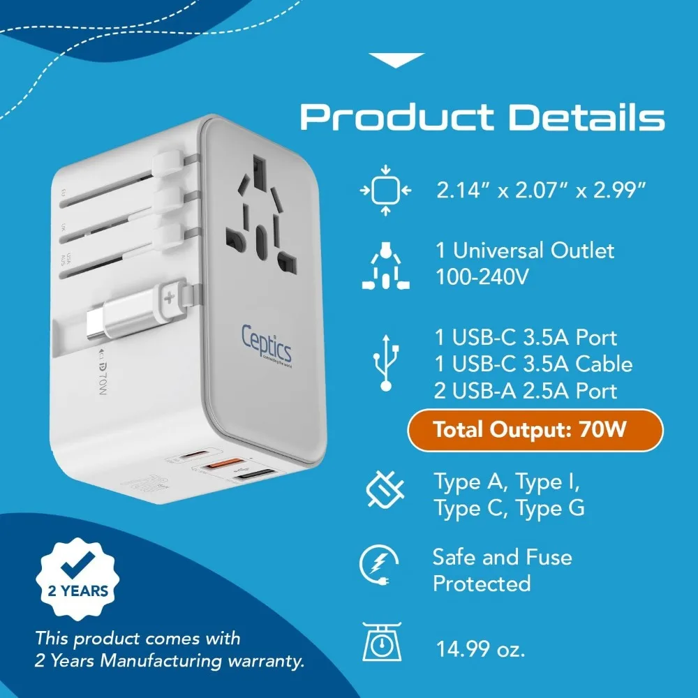 70W Global Travel Adapter with 65cm Retractable USB-C Cable, Dual USB-A Ports (One with QC 3.0), and 1 USB-C Port for 70W Power