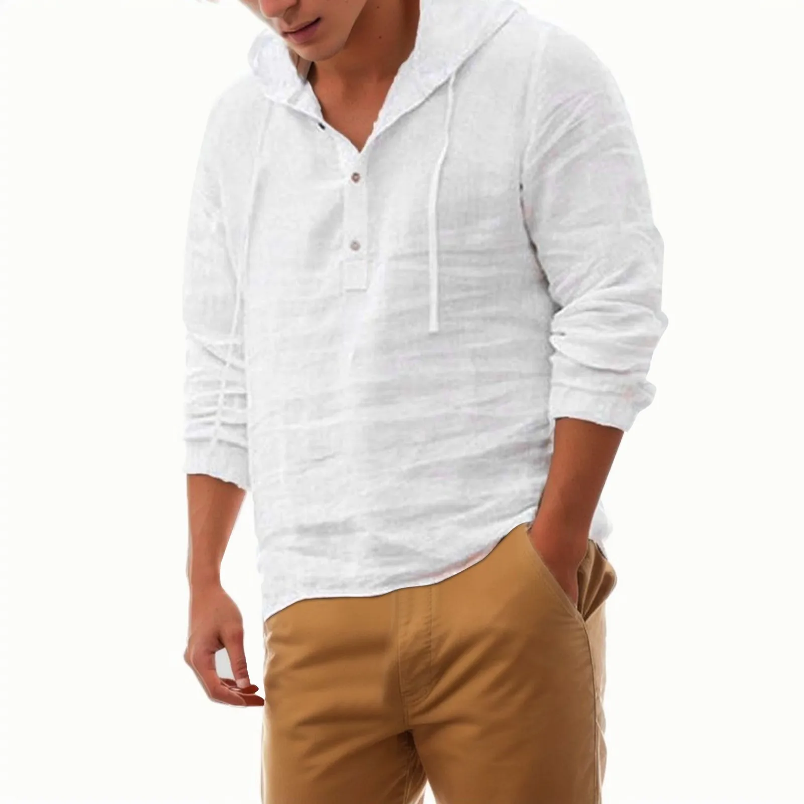 Camisas con capucha de lino y algodón para hombre, Top de manga larga con botón de cordón de Color sólido clásico, ropa de ocio para deportes al