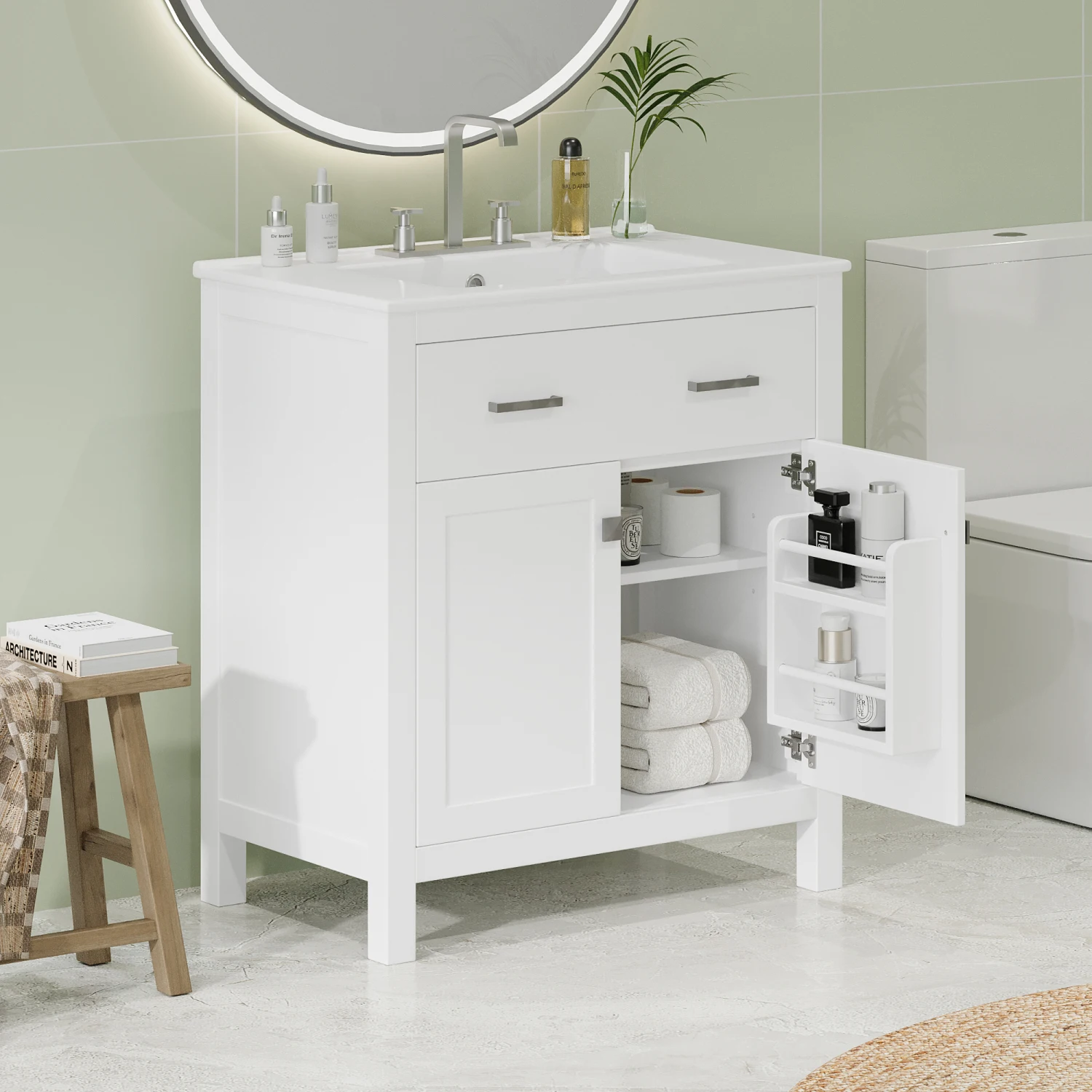 

30-inch Modern White Bathroom Vanity with Ceramic Sink, 2 Doors, Shelf & Soft Close Doors