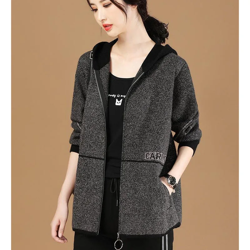 

2025 Women Fashion Lmitation Double-sided Woolen Knitted Tops Autumn Lady Long Sleeves Sweater Jacket Korean Female Hooded Knit