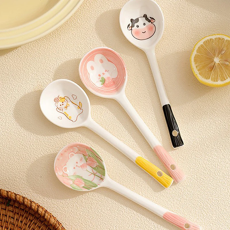 1 Pc Ceramic Soup Spoon Cereal Spoon Cute Household Tableware Painted Coffee Spoon Jam Spoon Kitchen Dessert Scoop