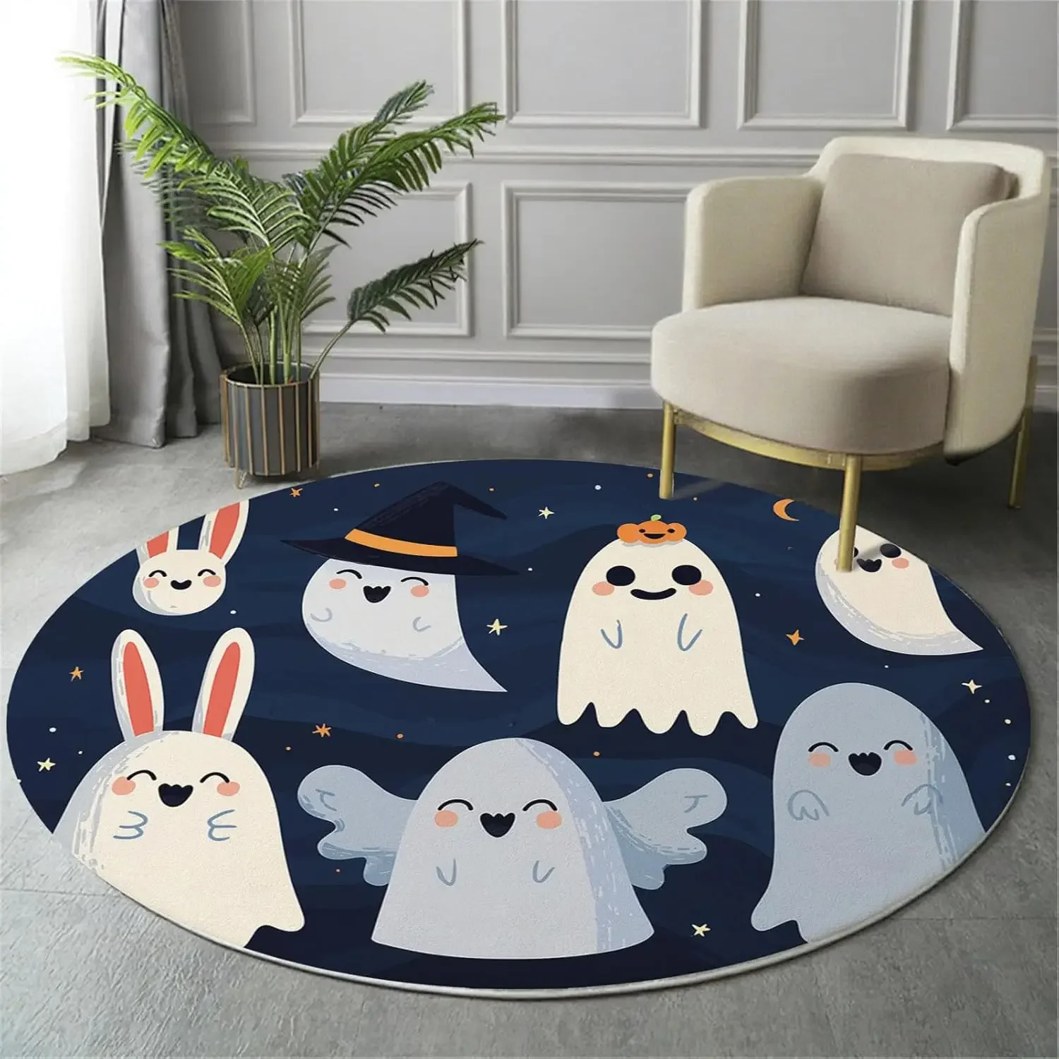Horror Theme Round Rug Washable Bedroom Round Area Rugs for Entryway,Soft Living Room Circular Rugs Cartoon Ghost Design NonSlip