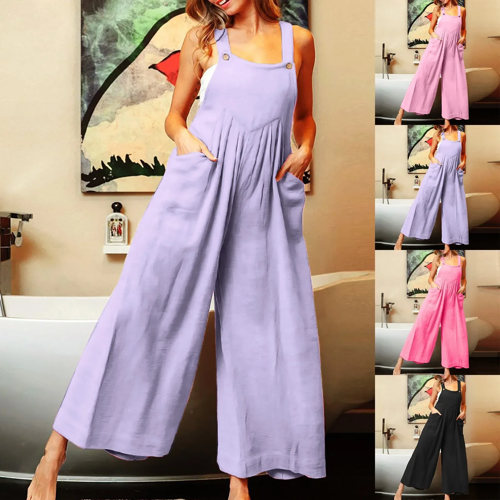 

Casual Pocket Women Romper Strap Solid Playsuit Button Long Jumpsuit Cotton Linen Women'S Jumpsuit Summer Clothes Women 2024