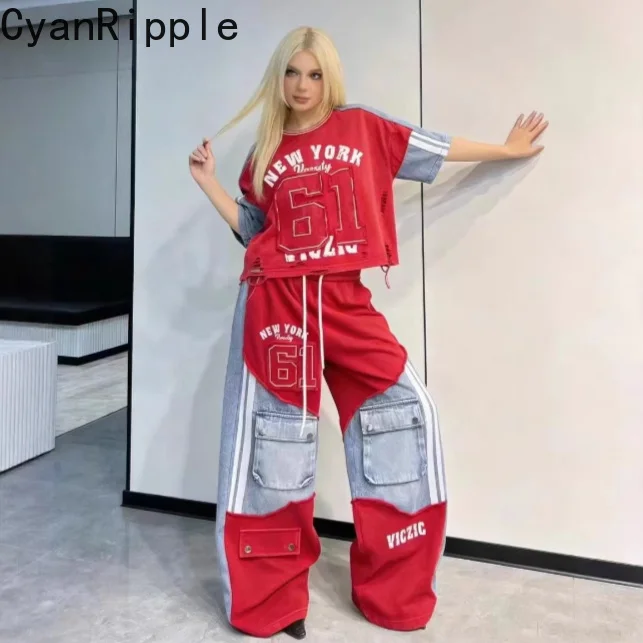 

American New Spring Summer Women Sets Colorblock Letters Printed Loose Short Sleeve T-shirt Top Elastic Waist Wide Leg Jeans