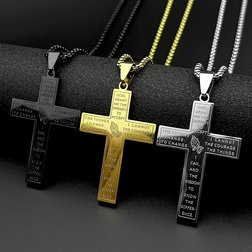 Jesus Cross Praying Hand Stainless Steel Pendant Necklace for Women Men Gold Color Christian Serenity Prayer Chain Jewelry Gift
