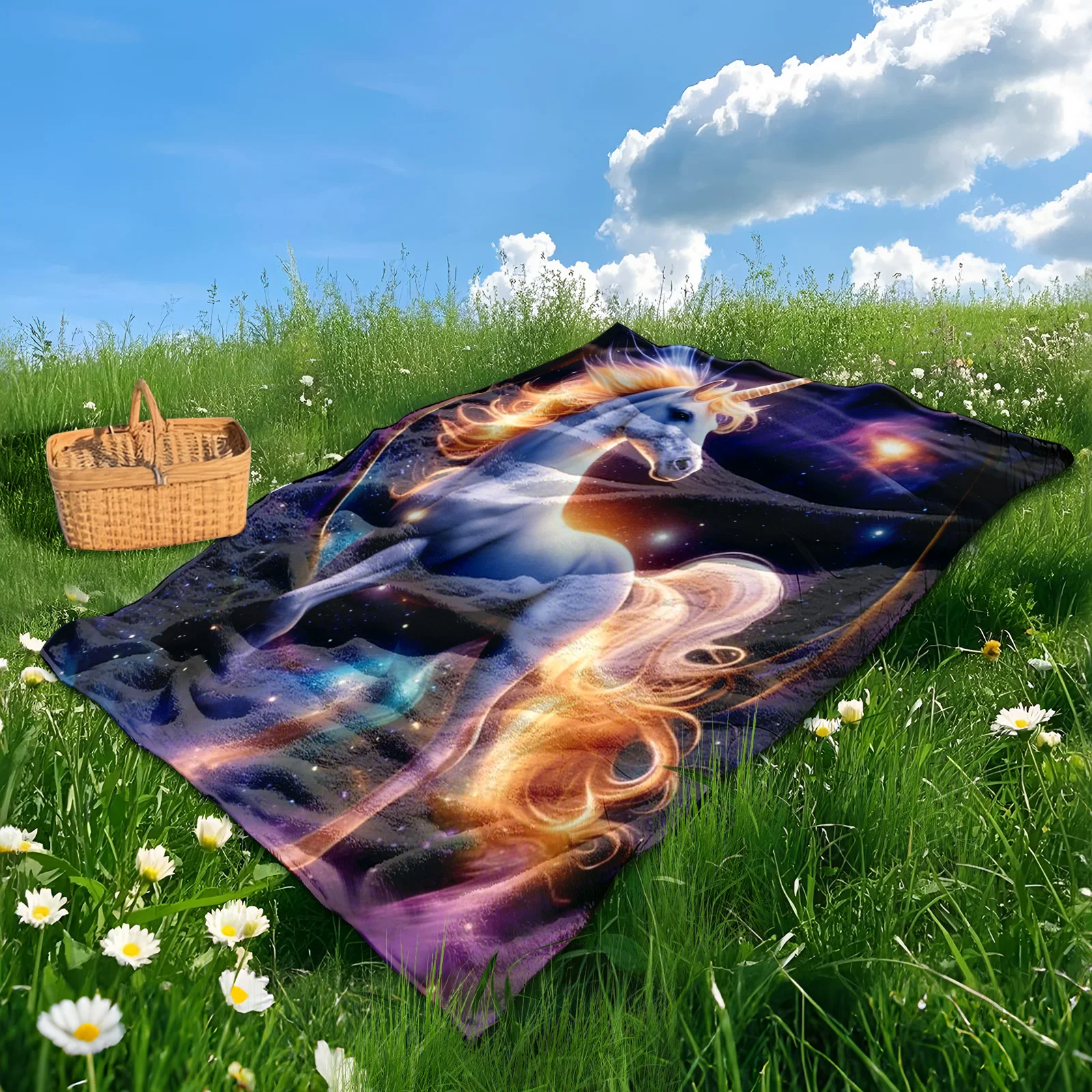 ファンタジーをテーマにしたピクニックや星の下でのリラクゼーションのための星空デザインのホワイトユニコーン屋外ブランケット