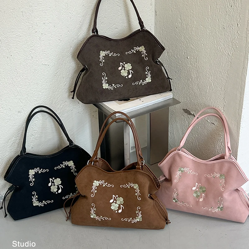 Koreanische Umhängetasche mit Kordelzug, ethnische Blumen- und Musiknoten-Stickerei, große Handtasche für Damen, Vintage-Handtasche für den Winter. – Detail 25