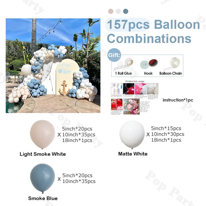 157pcs Festival Celebration Decoration Supplies Matte White and Smoke Blue Balloon Arch Set for Baby Shower on Valentine's Day