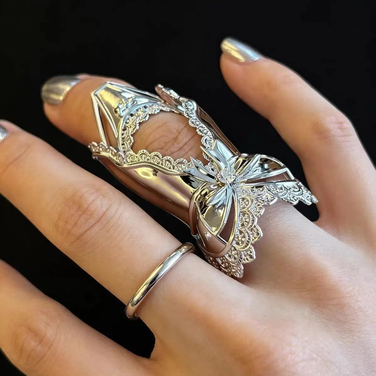 Vintage Lace Bow Armour Ring, Heavy Carved Dark Punk Style Statement Ring