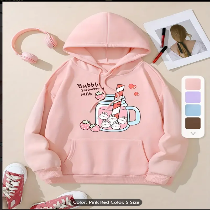 Women's Cute Bunny & Strawberry Print Hoodie - Casual Drawstring Pullover with Kangaroo Pocket, Long Sleeve Polyester - Perfect