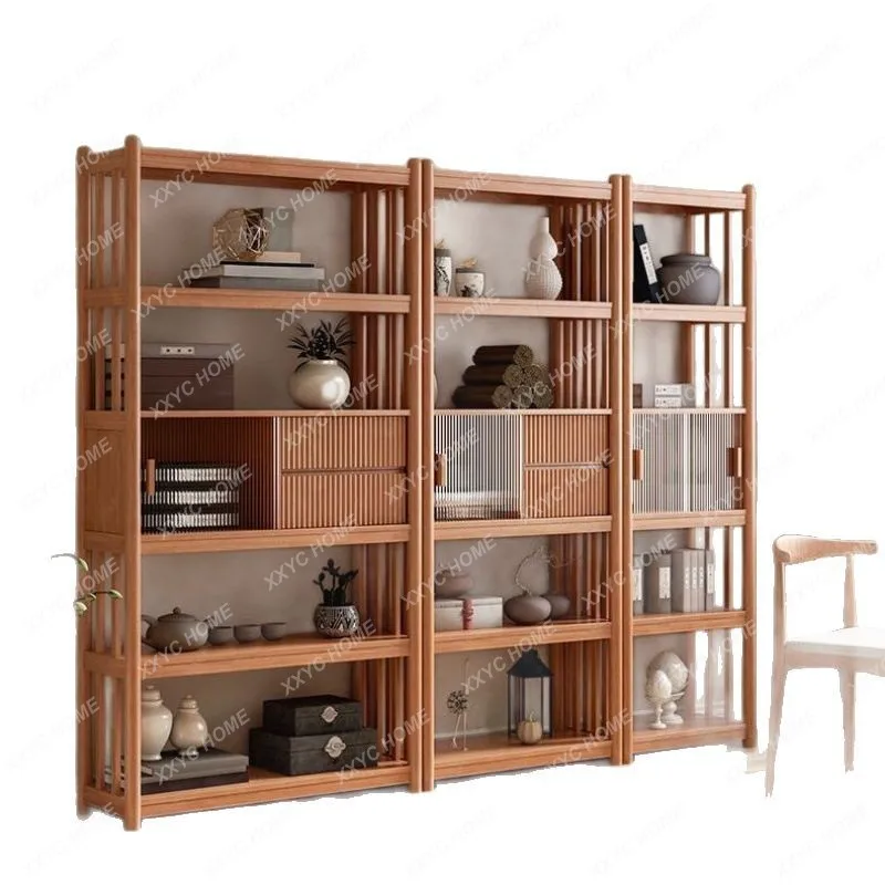 A Solid wood new Chinese tea room Zen simple display shelf living room partition bookshelf