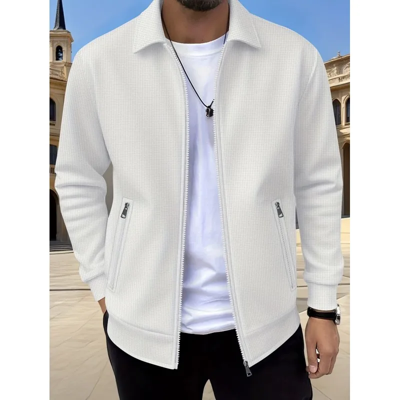 2026 Spring/Autumn Men Slim Fit Solid Lapel Waffle Pattern Cardigan, Casual Fashion Jacket With Zipper Pockets