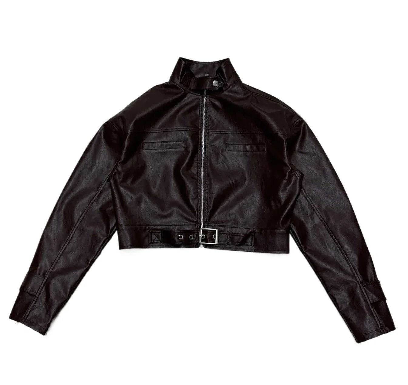 

pu leather jacket coat stand-up collar metal buckle jacket for women