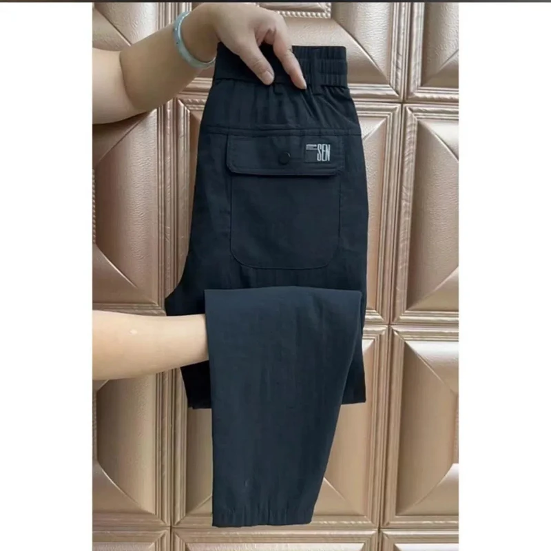 Spring Autumn Fashion Solid Color Elastic Waist Pockets Men\'s Clothing Loose Casual Thin European Style Simplicity Haren Pants