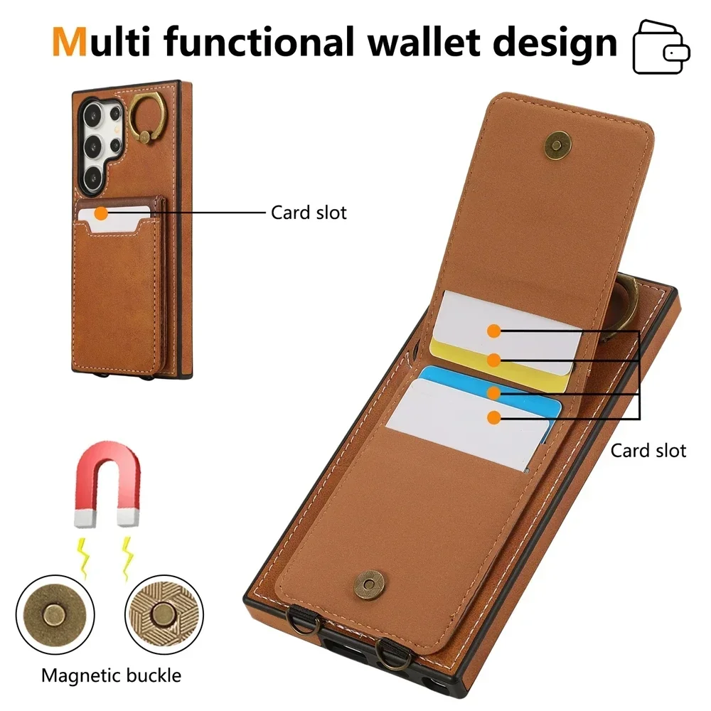 Wristband Leather Wallet Case For Samsung Galaxy S24 S23 S22 Ultra Plus A55 A54 A14 5G Ring Bracket Card Holder Phone Cover