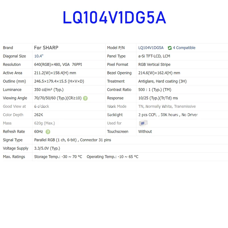 LQ104V1DG5A 10.4 Inch LCD Display Screen Panel Original for Sharp Brand New 100% Tested