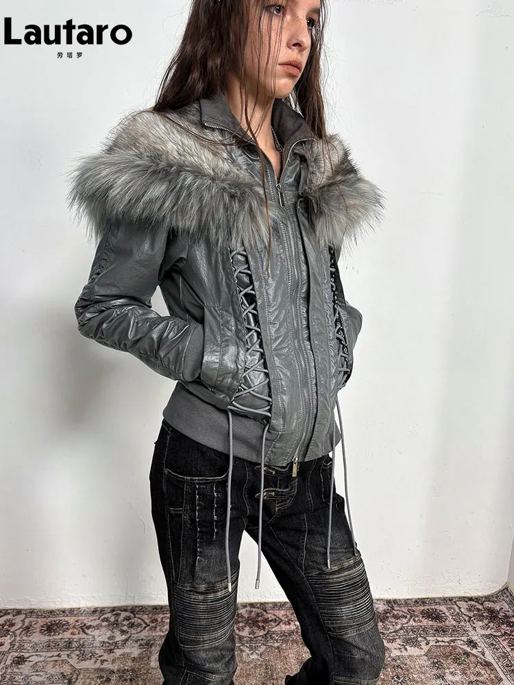 Lautaro Spring Autumn Coat Women with Detachable Faux Fur Trim Hood Luxury High Quality Designer Punk Style Lace Up Clothes 2026