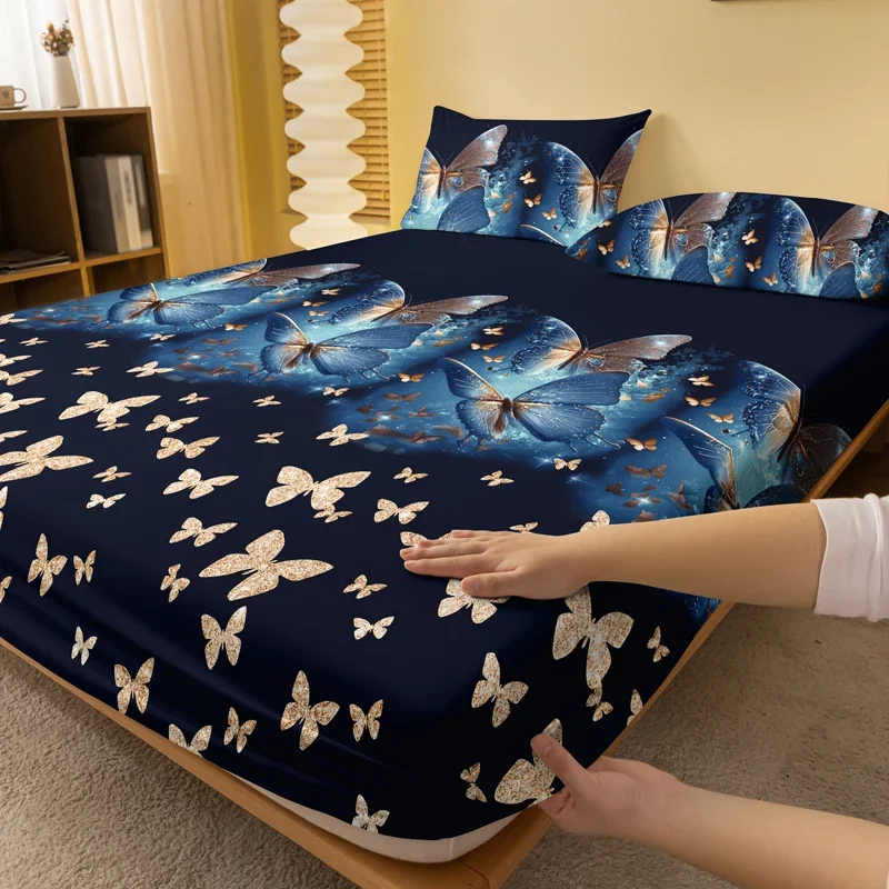 1 Simple modern butterfly printed matte Fitted Sheet, bedroom printed bed cover, bedding (excluding pillowcases)