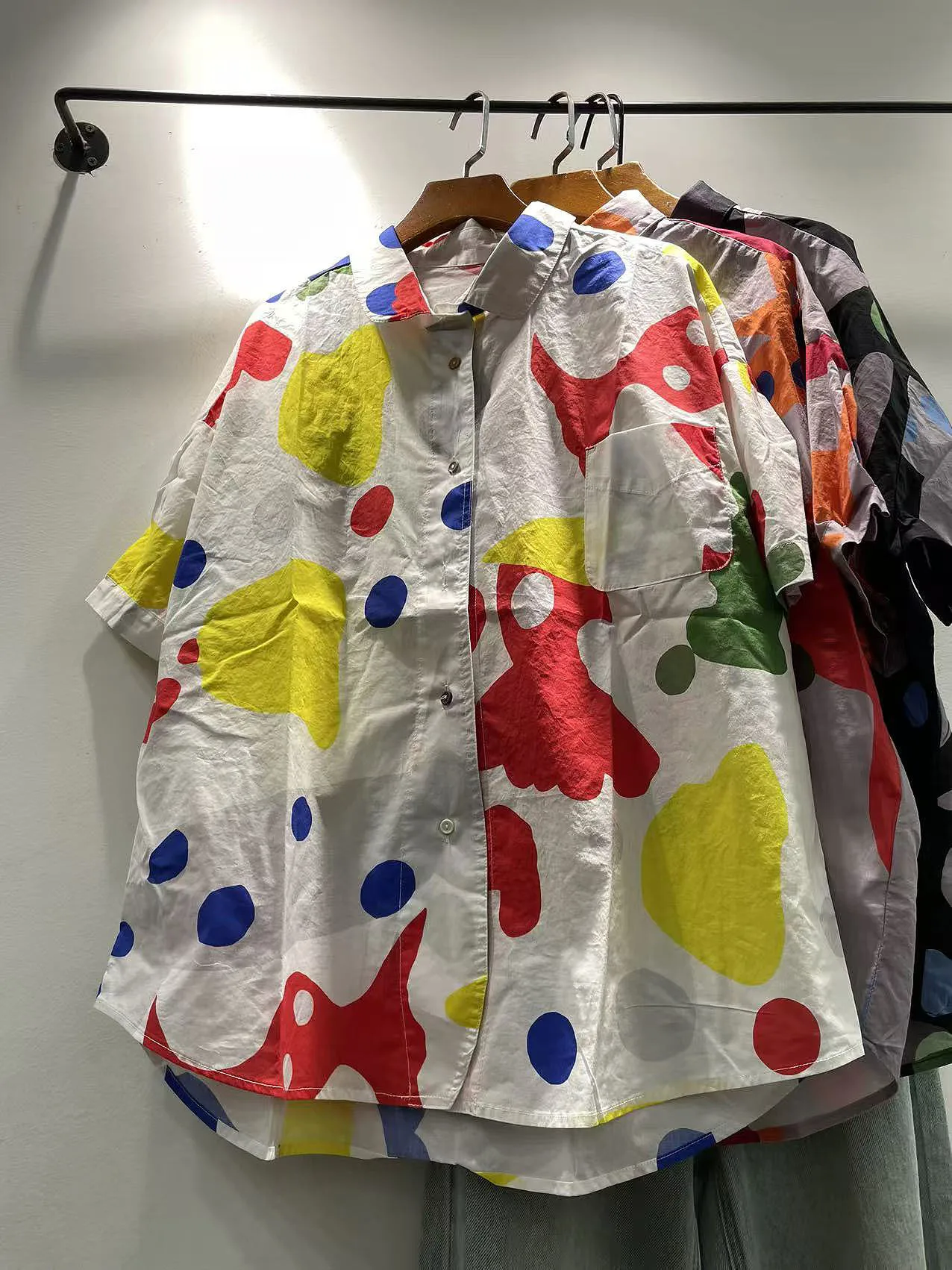 

Summer 2026 Women's Loose Fit Pure Cotton Short Sleeve Shirt Korean Style Fashionable Color Print Turn-down Collar Blouse